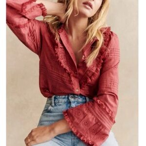 Sezane Ruffled Eyelet Button-Front Top in Dusty Rose